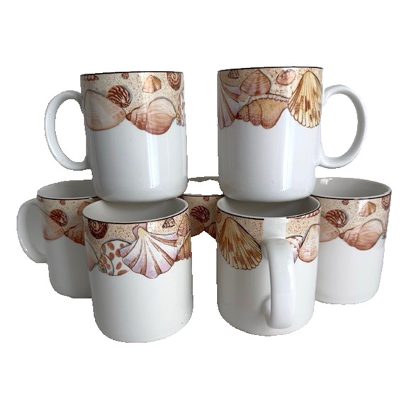 Furio FUO20 Mug/Cup set of 7 Seashells Around Rim, Brown Trim Discontinued - Picture 1 of 16
